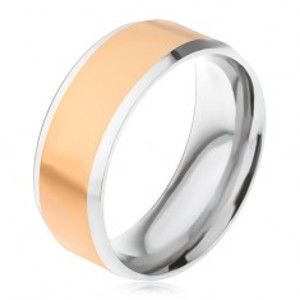 Ocelový prsten, zlatý středový pás, stříbrné šikmé okraje BB16.01