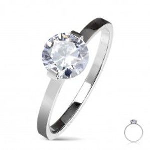 Ocelový zásnubní prsten stříbrné barvy, kulatý čirý zirkon, lesklá ramena K08.03