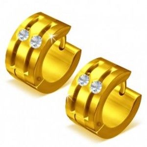 Kruhové ocelové náušnice - zlaté, dvě rýhy zdobené zirkony X6.18