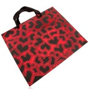 Papírová taška na dárek, tmavě šedá s červenou, lesklé obrysy srdcí U22.20
