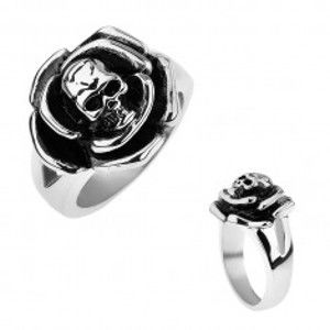 Patinovaný ocelový prsten, růže s lebkou uprostřed, rozdvojená ramena T21.5