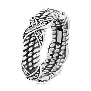 Patinovaný stříbrný prsten 925, motiv zatočeného lana, křížky se zirkony - Velikost: 63