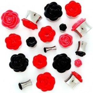 Plug do ucha s plastickou růžičkou - Tloušťka : 3 mm, Barva piercing: Červená