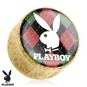 Plug do ucha z bambusového dřeva, zajíček Playboy na károvaném podkladu S1.13