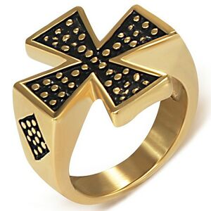 Pozlacený pečetní prsten z oceli - Maltézský kříž - Velikost: 53