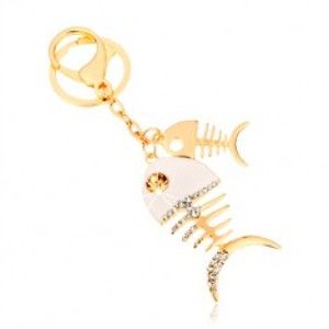 Přívěsek na klíče ve zlatém odstínu, dvě lesklé rybí kosti, bílá glazura, zirkony SP65.18