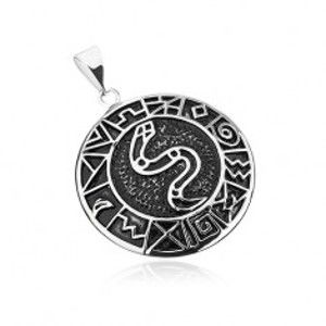 Přívěsek z chirurgické oceli, had v kruhu lemovaný starodávnými symboly SP53.11