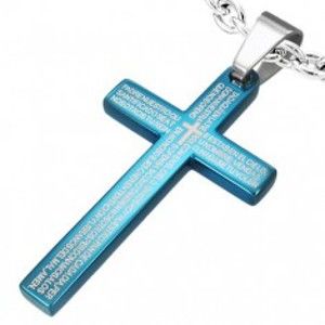 Prívesok z ocele - krížik s modlitbou Pána, modrý Z23.2