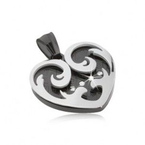 Přívěsek z oceli, srdce s ornamenty v černé a stříbrné barvě, zirkony SP25.08