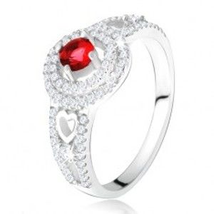 Prsten - červený kamínek s dvojitým zirkonovým lemem, srdce, ze stříbra 925 A16.14