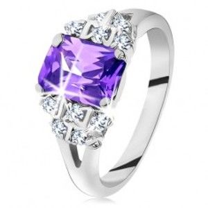 Prsten - stříbrná barva, broušený fialový zirkon, třpytivé čiré zirkonky G12.20