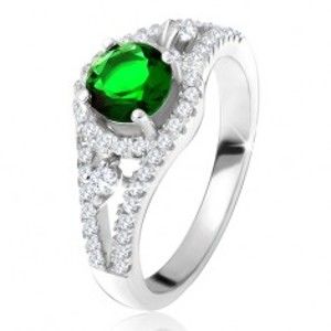Prsten - stříbro 925, kulatý zelený zirkon, zaoblené linie, čiré kamínky SP28.09