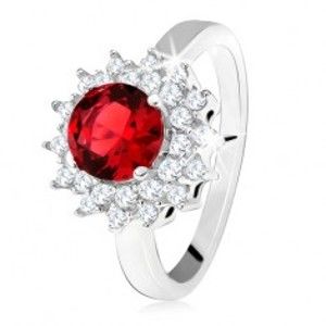 Prsten s červeným kulatým kamenem a čirými zirkonky, sluníčko, stříbro 925 SP33.21