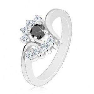 Prsten s lesklými rameny, stříbrný odstín, kulatý černý zirkon, čiré oblouky G14.15