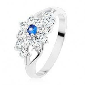 Prsten s lesklými rozdělenými rameny, čirý kvítek s modrým středem S12.14