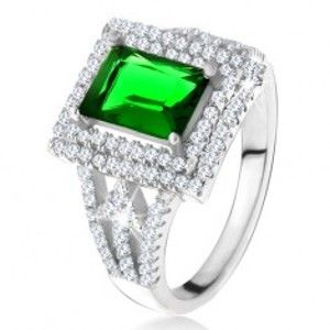 Prsten s obdélníkovým zeleným zirkonem, dvojitý čirý lem, šipky, stříbro 925 U18.12
