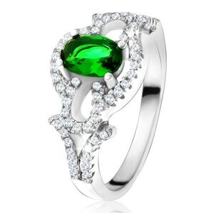 Prsten s oválným zeleným kamenem, čirý kruh, kapky, ze stříbra 925 - Velikost: 50