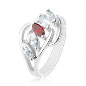 Prsten s rozdělenými rameny, lesklé obloučky, pás zrnek čiré a červené barvy AC15.29