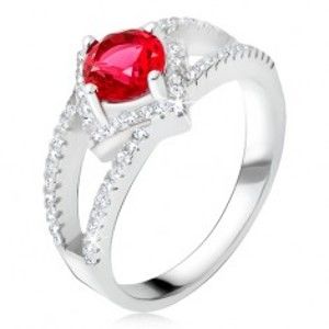 Prsten s rozdvojenými rameny, červený kámen, čtverec, stříbro 925 U4.10