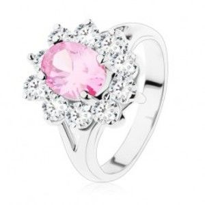 Prsten s rozdvojenými rameny, růžový zirkonový ovál, čiré lemování V06.15