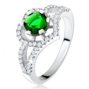 Prsten s rozdvojenými rameny, zelený zirkon, obrys srdce, stříbro 925 U19.05