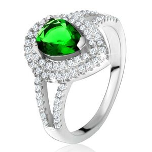 Prsten se zeleným slzičkovitým kamenem, dvojitý čirý lem, stříbro 925 - Velikost: 54