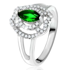 Prsten se zeleným zrníčkovitým kamenem, zirkonové oblouky, stříbro 925 - Velikost: 51