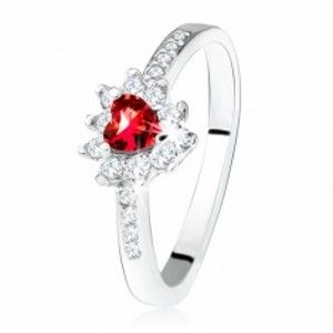 Prsten s červeným zirkonovým srdíčkem, drobné čiré zirkony, stříbro 925 SP27.06