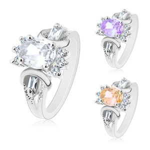 Prsten stříbrné barvy, broušený barevný ovál, kulaté a obdélníkové čiré zirkonky - Velikost: 52, Barva: Světle fialová