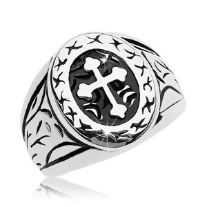 Prsten stříbrné barvy, chirurgická ocel, velký ovál s jetelovým křížem - Velikost: 66