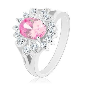 Prsten stříbrné barvy, růžový zirkonový ovál, čirý lem, lístečky - Velikost: 52