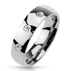 Prsten stříbrné barvy z oceli 316L, lesklý hladký povrch, tři zirkony, 4 mm - Velikost: 57
