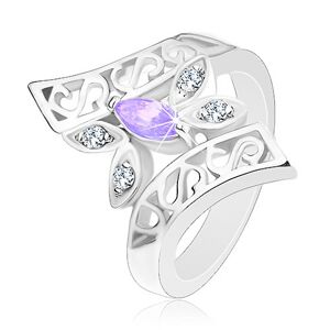 Prsten stříbrné barvy, zahnutá zdobená ramena, barevný motýl - Velikost: 52, Barva: Růžová
