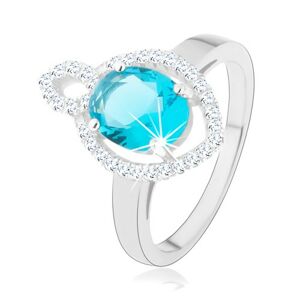 Prsten, stříbro 925, oválný světle modrý zirkon s čirým lemem, obrys zrnka - Velikost: 53