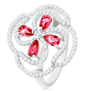 Prsten, stříbro 925, vypouklý květ z růžových zirkonových kapek a čirých linií - Velikost: 60