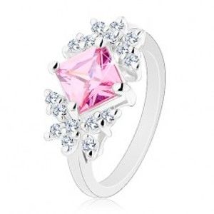 Prsten stříbrné barvy, broušený zirkonový čtverec růžové barvy, čiří motýli V02.25