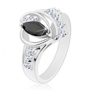 Prsten stříbrné barvy, černé zirkonové zrnko, lesklé oblouky, čiré zirkonky G01.16