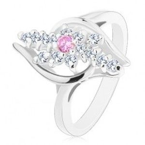 Prsten stříbrné barvy, čiré zirkonové linie, růžový zirkonek uprostřed R43.7