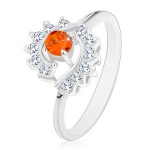 Prsten stříbrné barvy, čiré zirkonové oblouky, kulatý oranžový zirkon AC22.06