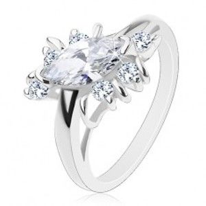 Prsten stříbrné barvy, čiré zirkonové zrnko, obloučky, kulaté zirkony V15.02
