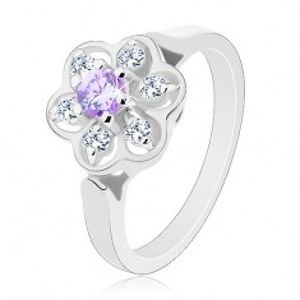 Prsten stříbrné barvy, čirý blýskavý kvítek se světle fialovým středem R29.31