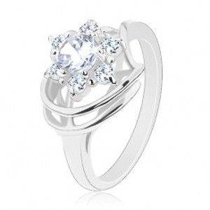 Prsten stříbrné barvy, čirý zirkonový kvítek, lesklé obloučky G03.10