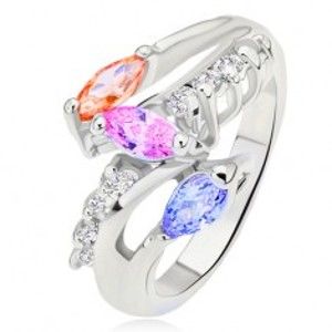Prsten stříbrné barvy, barevné zrníčkovité kamínky, oblá čirá linie L10.03