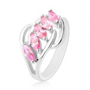 Prsten stříbrné barvy, lesklé obloučky, pás růžových broušených zrnek R33.16