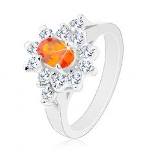 Prsten stříbrné barvy, oranžový zirkonový ovál s lemem čiré barvy R30.20