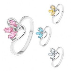 Prsten stříbrné barvy, poloviční barevný květ ze zirkonů, zvlněná ramena AB26.31