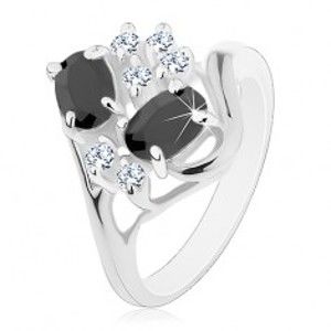 Prsten stříbrné barvy, rozdělená ramena, černé ovály, čiré zirkonky S17.06
