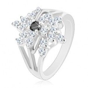 Prsten stříbrné barvy, rozvětvená ramena, čirý květ, černý zirkonek R29.27