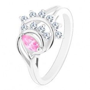 Prsten stříbrné barvy, růžové zrnko, oblouky z čirých zirkonů R43.18