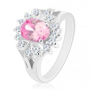 Prsten stříbrné barvy, růžový zirkonový ovál, čirý lem, lístečky R30.19